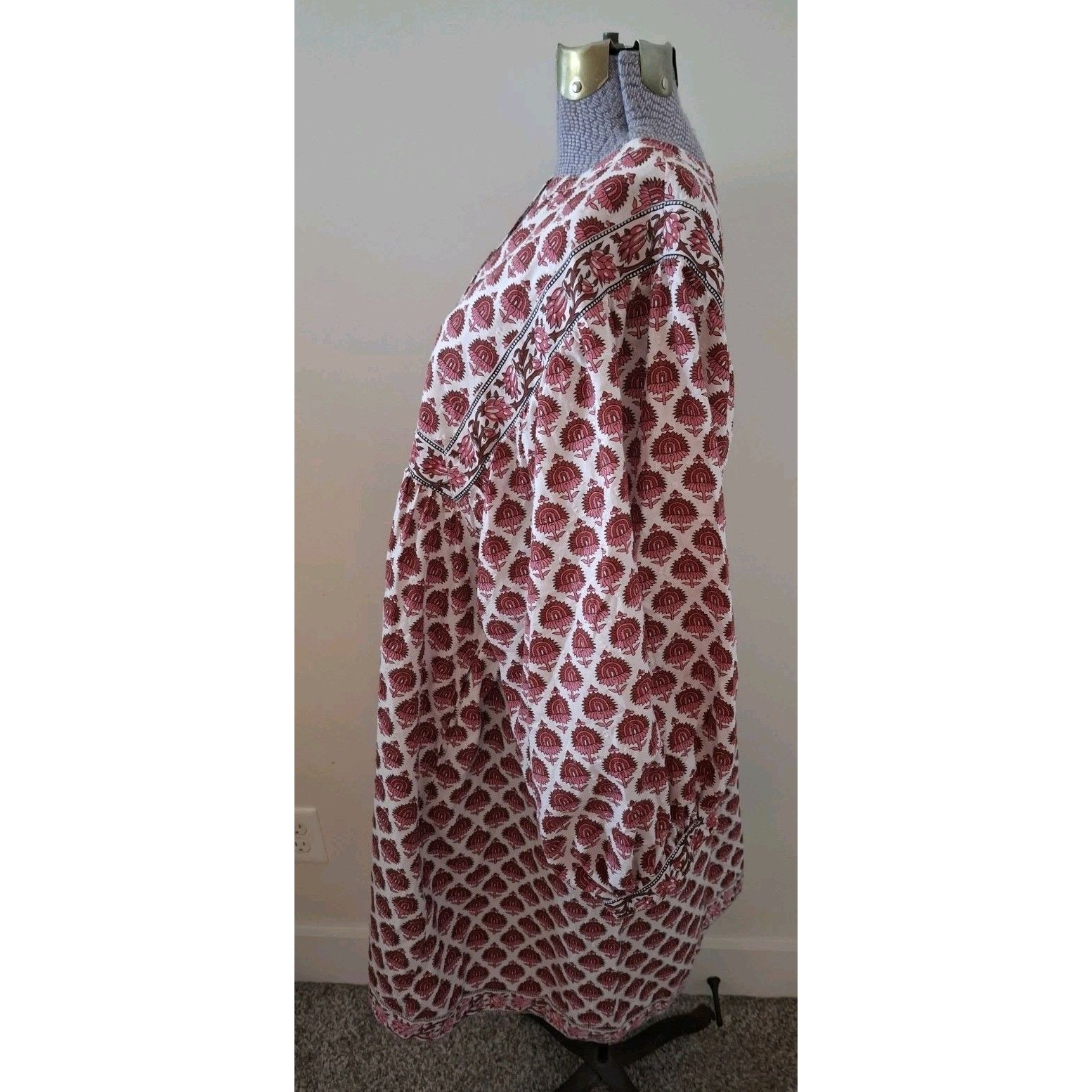 Becasa Dress Womens M/L Burgundy Pink Floral Block Print Cotton Boho Euc — image 3 of 8